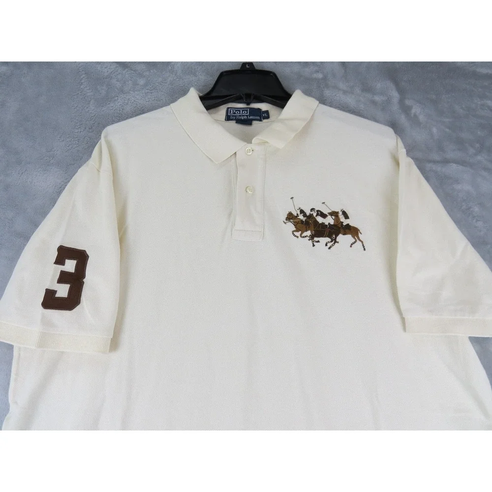 Polo‎ Ralph Lauren XL Big 3 Horsemen Embroidered Polo Shirt Cream Cotton Vintage - Picture 4 of 9